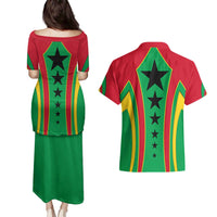 Guinea Bissau Couples Matching Puletasi and Hawaiian Shirt with Red Green Yellow Stripe Design and Black Star - Wonder Print Shop