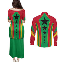 Guinea Bissau Couples Matching Puletasi and Long Sleeve Button Shirt with Red Green Yellow Stripe Design and Black Star - Wonder Print Shop