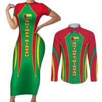 Guinea Bissau Couples Matching Short Sleeve Bodycon Dress and Long Sleeve Button Shirt with Red Green Yellow Stripe Design and Black Star - Wonder Print Shop