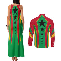 Guinea Bissau Couples Matching Tank Maxi Dress and Long Sleeve Button Shirt with Red Green Yellow Stripe Design and Black Star - Wonder Print Shop