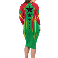 Guinea Bissau Family Matching Long Sleeve Bodycon Dress and Hawaiian Shirt with Red Green Yellow Stripe Design and Black Star - Wonder Print Shop