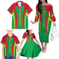 Guinea Bissau Family Matching Off The Shoulder Long Sleeve Dress and Hawaiian Shirt with Red Green Yellow Stripe Design and Black Star - Wonder Print Shop