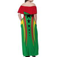 Guinea Bissau Off Shoulder Maxi Dress with Red Green Yellow Stripe Design and Black Star - Wonder Print Shop