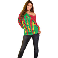 Guinea Bissau Off Shoulder Sweater with Red Green Yellow Stripe Design and Black Star - Wonder Print Shop
