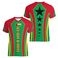 Guinea Bissau Women V-Neck T-Shirt with Red Green Yellow Stripe Design and Black Star - Wonder Print Shop