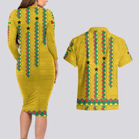 Guinea Bissau Couples Matching Long Sleeve Bodycon Dress and Hawaiian Shirt with Yellow Tribal Geometric Design and National Flag - Wonder Print Shop