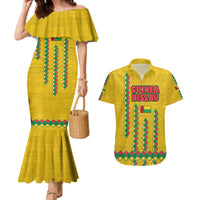 Guinea Bissau Couples Matching Mermaid Dress and Hawaiian Shirt with Yellow Tribal Geometric Design and National Flag - Wonder Print Shop