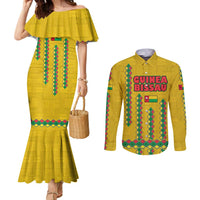 Guinea Bissau Couples Matching Mermaid Dress and Long Sleeve Button Shirt with Yellow Tribal Geometric Design and National Flag - Wonder Print Shop