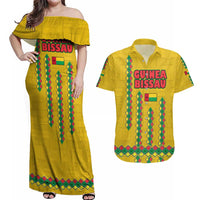 Guinea Bissau Couples Matching Off Shoulder Maxi Dress and Hawaiian Shirt with Yellow Tribal Geometric Design and National Flag - Wonder Print Shop