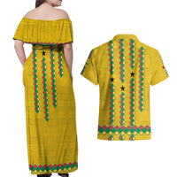 Guinea Bissau Couples Matching Off Shoulder Maxi Dress and Hawaiian Shirt with Yellow Tribal Geometric Design and National Flag - Wonder Print Shop