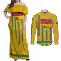 Guinea Bissau Couples Matching Off Shoulder Maxi Dress and Long Sleeve Button Shirt with Yellow Tribal Geometric Design and National Flag - Wonder Print Shop