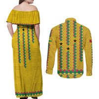 Guinea Bissau Couples Matching Off Shoulder Maxi Dress and Long Sleeve Button Shirt with Yellow Tribal Geometric Design and National Flag - Wonder Print Shop