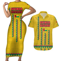 Guinea Bissau Couples Matching Short Sleeve Bodycon Dress and Hawaiian Shirt with Yellow Tribal Geometric Design and National Flag - Wonder Print Shop