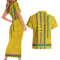 Guinea Bissau Couples Matching Short Sleeve Bodycon Dress and Hawaiian Shirt with Yellow Tribal Geometric Design and National Flag - Wonder Print Shop