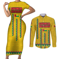 Guinea Bissau Couples Matching Short Sleeve Bodycon Dress and Long Sleeve Button Shirt with Yellow Tribal Geometric Design and National Flag - Wonder Print Shop