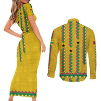 Guinea Bissau Couples Matching Short Sleeve Bodycon Dress and Long Sleeve Button Shirt with Yellow Tribal Geometric Design and National Flag - Wonder Print Shop
