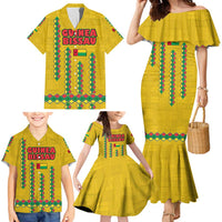 Guinea Bissau Family Matching Mermaid Dress and Hawaiian Shirt with Yellow Tribal Geometric Design and National Flag - Wonder Print Shop