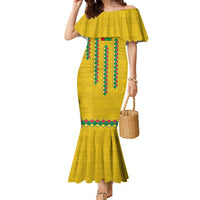 Guinea Bissau Family Matching Mermaid Dress and Hawaiian Shirt with Yellow Tribal Geometric Design and National Flag - Wonder Print Shop