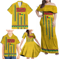 Guinea Bissau Family Matching Off Shoulder Maxi Dress and Hawaiian Shirt with Yellow Tribal Geometric Design and National Flag - Wonder Print Shop
