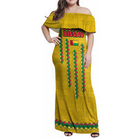 Guinea Bissau Family Matching Off Shoulder Maxi Dress and Hawaiian Shirt with Yellow Tribal Geometric Design and National Flag - Wonder Print Shop