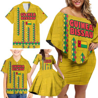 Guinea Bissau Family Matching Off Shoulder Short Dress and Hawaiian Shirt with Yellow Tribal Geometric Design and National Flag - Wonder Print Shop