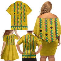 Guinea Bissau Family Matching Off Shoulder Short Dress and Hawaiian Shirt with Yellow Tribal Geometric Design and National Flag - Wonder Print Shop