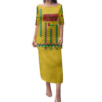 Guinea Bissau Family Matching Puletasi and Hawaiian Shirt with Yellow Tribal Geometric Design and National Flag - Wonder Print Shop