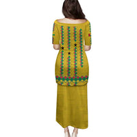 Guinea Bissau Family Matching Puletasi and Hawaiian Shirt with Yellow Tribal Geometric Design and National Flag - Wonder Print Shop