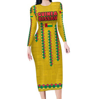 Guinea Bissau Long Sleeve Bodycon Dress with Yellow Tribal Geometric Design and National Flag - Wonder Print Shop