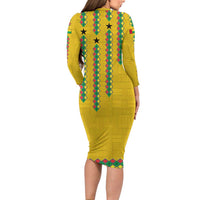Guinea Bissau Long Sleeve Bodycon Dress with Yellow Tribal Geometric Design and National Flag - Wonder Print Shop