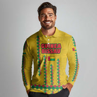 Guinea Bissau Long Sleeve Polo Shirt with Yellow Tribal Geometric Design and National Flag - Wonder Print Shop