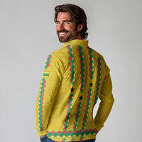 Guinea Bissau Long Sleeve Polo Shirt with Yellow Tribal Geometric Design and National Flag - Wonder Print Shop