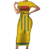 Guinea Bissau Short Sleeve Bodycon Dress with Yellow Tribal Geometric Design and National Flag - Wonder Print Shop