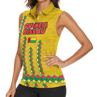 Guinea Bissau Women Sleeveless Polo Shirt with Yellow Tribal Geometric Design and National Flag - Wonder Print Shop