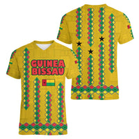 Guinea Bissau Women V-Neck T-Shirt with Yellow Tribal Geometric Design and National Flag - Wonder Print Shop