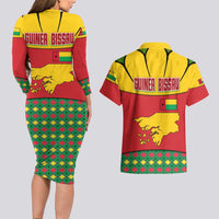 Guinea Bissau Couples Matching Long Sleeve Bodycon Dress and Hawaiian Shirt with Red Yellow Green Geometric Design - Wonder Print Shop