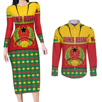 Guinea Bissau Couples Matching Long Sleeve Bodycon Dress and Long Sleeve Button Shirt with Red Yellow Green Geometric Design - Wonder Print Shop