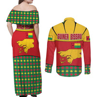 Guinea Bissau Couples Matching Off Shoulder Maxi Dress and Long Sleeve Button Shirt with Red Yellow Green Geometric Design - Wonder Print Shop
