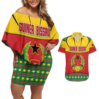 Guinea Bissau Couples Matching Off Shoulder Short Dress and Hawaiian Shirt with Red Yellow Green Geometric Design - Wonder Print Shop