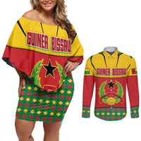 Guinea Bissau Couples Matching Off Shoulder Short Dress and Long Sleeve Button Shirt with Red Yellow Green Geometric Design - Wonder Print Shop