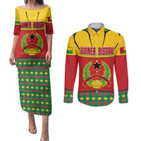 Guinea Bissau Couples Matching Puletasi and Long Sleeve Button Shirt with Red Yellow Green Geometric Design - Wonder Print Shop