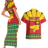 Guinea Bissau Couples Matching Short Sleeve Bodycon Dress and Hawaiian Shirt with Red Yellow Green Geometric Design - Wonder Print Shop