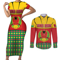 Guinea Bissau Couples Matching Short Sleeve Bodycon Dress and Long Sleeve Button Shirt with Red Yellow Green Geometric Design - Wonder Print Shop