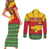 Guinea Bissau Couples Matching Short Sleeve Bodycon Dress and Long Sleeve Button Shirt with Red Yellow Green Geometric Design - Wonder Print Shop