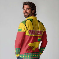 Guinea Bissau Long Sleeve Polo Shirt with Red Yellow Green Geometric Design - Wonder Print Shop
