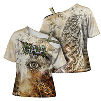 Gaia Mother Earth Sacred Eye Cross Shoulder Shirt Greek Vintage Botanical Sketch Esoteric Spiritual Floral