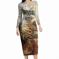 Gaia Mother Earth Sacred Eye Long Sleeve Bodycon Dress Greek Vintage Botanical Sketch Esoteric Spiritual Floral
