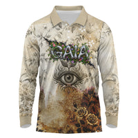 Gaia Mother Earth Sacred Eye Long Sleeve Polo Shirt Greek Vintage Botanical Sketch Esoteric Spiritual Floral