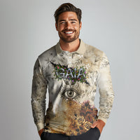 Gaia Mother Earth Sacred Eye Long Sleeve Polo Shirt Greek Vintage Botanical Sketch Esoteric Spiritual Floral