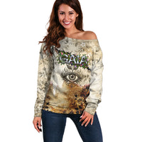 Gaia Mother Earth Sacred Eye Off Shoulder Sweater Greek Vintage Botanical Sketch Esoteric Spiritual Floral